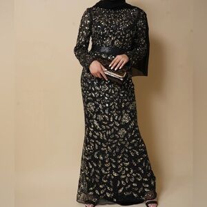 Embellished sequin black evening gown dress